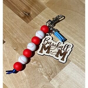 Baseball Mom Silicone Bead Lobster‎ Clasp Keychain Purse Charm Wood Engraved